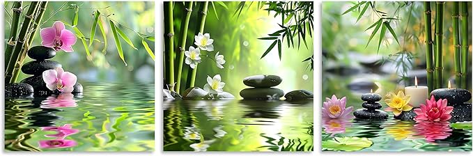 TutuBeer 3 Pcs Zen Wall Art Zen Pictures for Bathroom Spa Still Life Spa Stone Green Bamboo Orchid in Water Pictures Prints on Canvas for Home Office Wall Decor Stretched and Framed 16x16inchx3