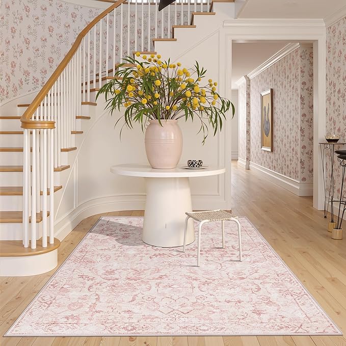 Pink Vintage Area Rug 3x5 for Living Room Bedroom, Washable Distressed Farmhouse Soft Thin Non-Shedding Indoor Throw Rug, Traditional Accent Carpet for Bedroom Office