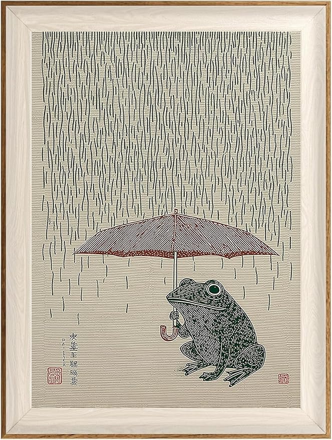 ASTRDECOR Funny Frog Wall Art, Whimsical Frog Framed Canvas Print, Retro Animal Rainy Day Japanese-Style Artwork for Living Room, Bedroom, Bathroom 12x16in