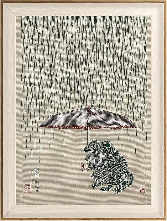 ASTRDECOR Funny Frog Wall Art, Whimsical Frog Framed Canvas Print, Retro Animal Rainy Day Japanese-Style Artwork for Living Room, Bedroom, Bathroom 12x16in