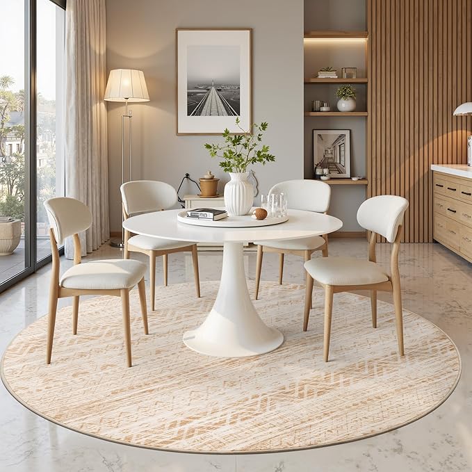 Miukiki Round Rugs 6ft for Living Room Moroccan Washable Circle Rug Non Slip Indoor Floor Carpet Foldable Area Rug for Dining Room with Low Pile(Beige,6'x6')