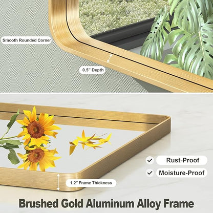 40x30 Inch Gold Framed Bathroom Mirror, Brushed Gold Metal Vanity Mirror, Gold Rectangle Mirror for Wall, Rounded Corner, Tempered Glass, Anti-Rust, Shatterproof (Horizontal/Vertical)