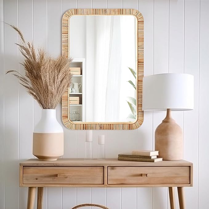 Barnyard Designs Rectangular Rattan Wall Mirror, Natural Tan Woven Rattan Frame, Indoor Decorative Mirror for Bedroom Living Room Entryway (20" x 30", Rectangular)