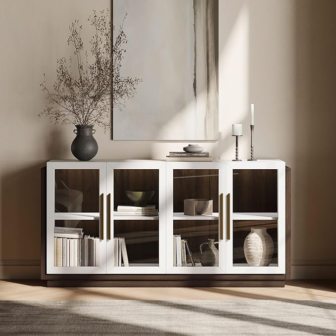 BELLEZE Sideboard Buffet Cabinet, Modern Wood Glass-Buffet-Sideboard with Storage, Console Table for Kitchen, Dining Room, Living Room, Hallway, or Entrance - Brixston (White)