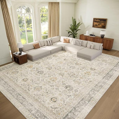 Washable 10x14 Area Rugs for Living Room, Boho Non-Slip Vintage Distress Large Rugs for Bedroom Dining Room Office, 0.3" Neutral Oriental Throw Thin Carpet, Grey/Beige/Multi, C2