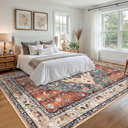 KOZYFLY Boho Area Rug 9x12 Ft Thin Rugs for Living Room Washable Bedroom Rug Non Slip Rugs for Living Room Rust/Orange/Blue Printed Faux Wool Vintage Bedroom Rug Floor Carpet for Dining Room