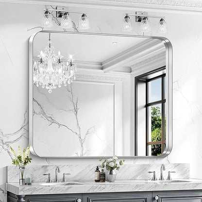 CIRCUMI Silver Bathroom Mirror, 40"x48" Rectangular Mirror with Deep Metal Frame, Rounded Corner, Tempered Glass, Large Mirror for Wall, Over 2 Sinks, Installed Vertically/Horizontally, Crystal-Clear