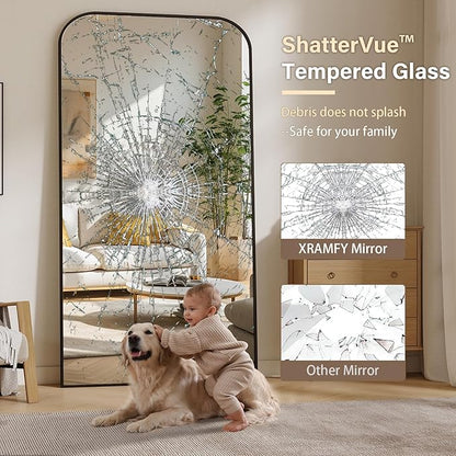 XRAMFY 40x86 Inch Floor Length Mirror with Stand, Full Length Standing Mirror for Bedroom, Full Body Tall Mirrors with Modern Aluminum Alloy Frame in Black, Home Decor
