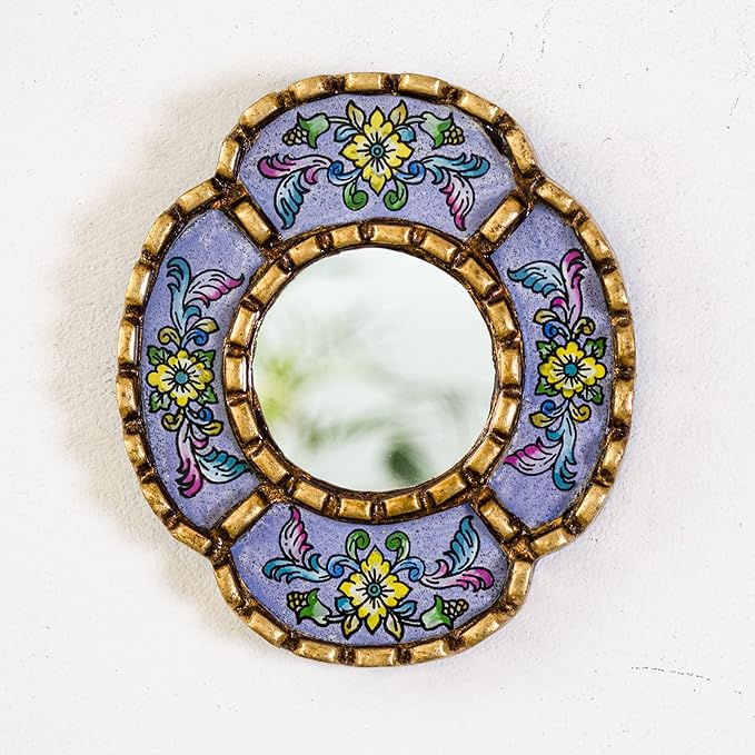 Artisan Handcrafted Wall Mirror Set, 3 Floral Shape Mirrors, Bronze Finish Frame, Turquoise Purple Beige Glass