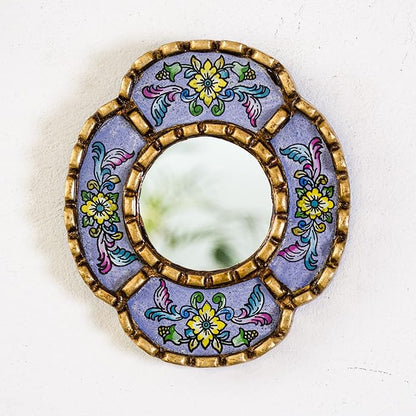 Artisan Handcrafted Wall Mirror Set, 3 Floral Shape Mirrors, Bronze Finish Frame, Turquoise Purple Beige Glass