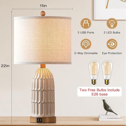 Cinkeda Boho Table Lamps Set of 2, Farmhouse 3-Way Dimmable Touch Nightstand Lamp with 2 USB Charging Ports, White Vintage Bedside Lamp for Bedroom Living Room End Table (Bulbs Included)