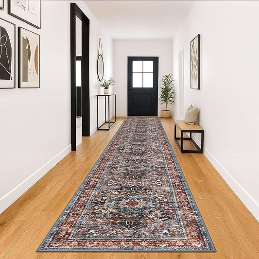 KOZYFLY Area Rug 3x18 Ft Washable Boho Runner Rug for Entryway Hallway Indoor Printed Faux Wool Carpet for Bedroom Kitchen Hall, Brick Red/Orange/Green