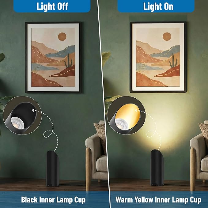 2 Pack Up Lights Indoor, 6W 3000K Warm White Uplighting Indoor Floor Can Light with GU10 Bulb, Indoor Floor Spotlight for Plants, Wall & Artwork, Plug Cord & Foot Switch, Black