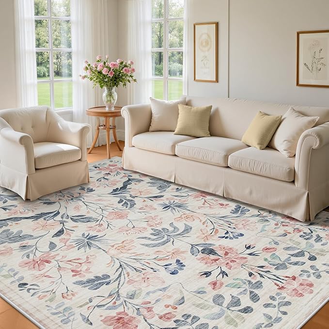 Area Rugs 9x12 Living Room: Lagre Boho Living Room Rug Soft Non-Slip Thin Carpet Indoor Floor Non-Shedding Neutral Floral Carpets for Bedroom Dining Room Farmhouse Nursery Multi
