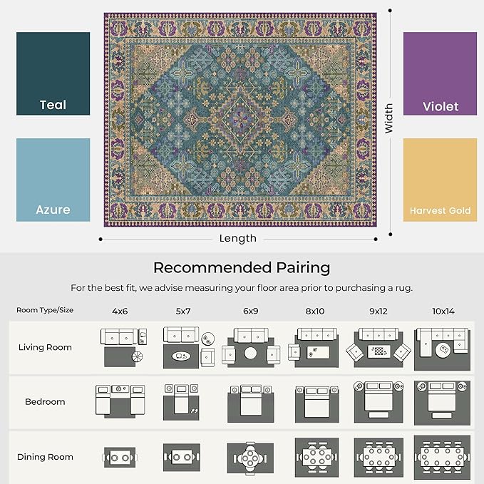 8x10 Area Rugs for Living Room, Machine Washable Low Pile Rug, Non Slip Backing Boho Rugs for Bedroom, Printed Soft Vintage Carpet Teal Green Purple 8 x 10