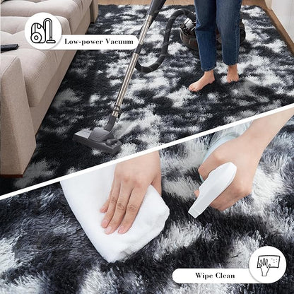 yongyangjuxin Fluffy Rug Shag Area Rug, Mottling Black 9x12 Area Rugs for Living Room, Large Shag Area Rugs for Bedroom Kids Room Home Decor, Upgrade Anti-Skid Rectangular Fuzzy Rugs