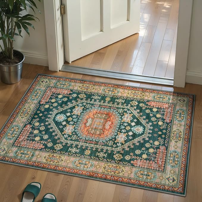 Tangsoo Vintage Rug 2x3 Small Area Rug for Entryway, Washable Entry Door Carpet Non-Slip Rubber Backing Indoor Throw Mat for Front Porch Entrance Kitchen,Yellow Green Multi Doormat