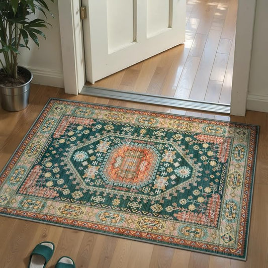 Tangsoo Vintage Rug 2x3 Small Area Rug for Entryway, Washable Entry Door Carpet Non-Slip Rubber Backing Indoor Throw Mat for Front Porch Entrance Kitchen,Yellow Green Multi Doormat