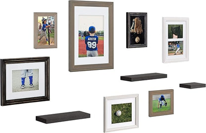 Kate and Laurel Bordeaux Gallery Wall Frame and Shelf Kit, Set of 10, Industrial Farmhouse Finishes, Assorted Size Frames and Three Display Shelves