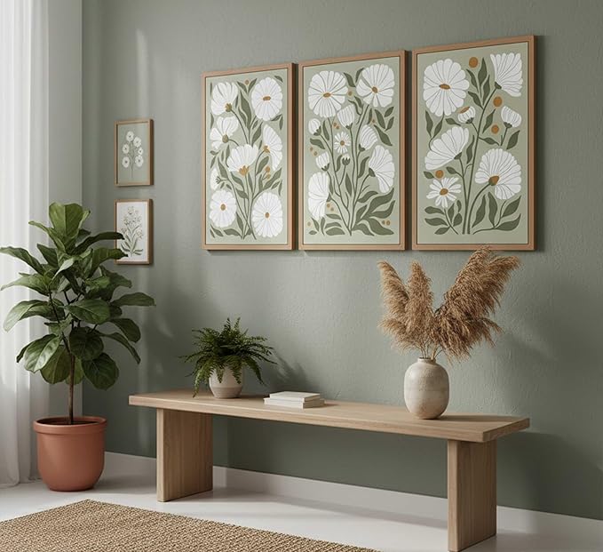 3Pcs Boho Wildflowers Canvas Wall Art Sage Green Bohemia Abstract Floral Botanical Painting Picture Wall Decor Poster Print Artwork for Living Room Bedroom Bathroom Home Decoration Unframed