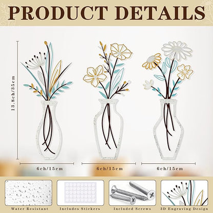 Wisecy Metal Flower Wall Art, 3 Pcs Rustic Farmhouse Wall Decor, for Living Room, Bedroom, Dining Room - Housewarming Gifts