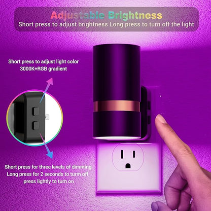 JandCase Night Lights Plug into Wall,2 Pack 10-Color Change RGB Night Light with Dusk to Dawn, 10/25/50/75/100LM Dimmable Plug in LED Nightlight for Bedroom, Hallway, Stairs