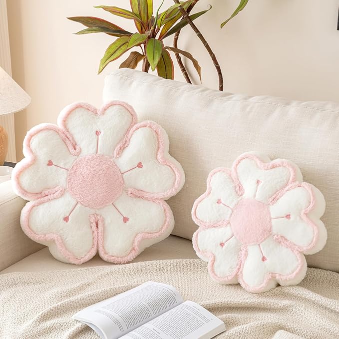 Flower Shaped Decorative Throw Pillow Cushion for Bed Couch, Cute Flower Plush Throw Pillows Home Decor Floor Pillow Seating Cushions (Ivory White, 17.7 Inches)