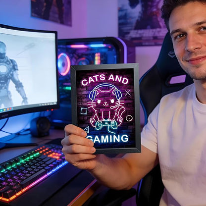 Funny Cat Gaming Wall Art, Neon Gamer Canvas Print Framed, Cute Cartoon Cat with Headset Video Game Poster, Boys Teen Kids Bedroom Gaming Room Wall Decor 8x10 Inch