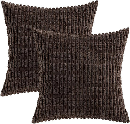 MIULEE Pack of 2 Corduroy Decorative Throw Pillow Covers 18x18 Inch Soft Boho Striped Pillow Covers Modern Farmhouse Home Decor for Sofa Living Room Couch Bed Dark Brown