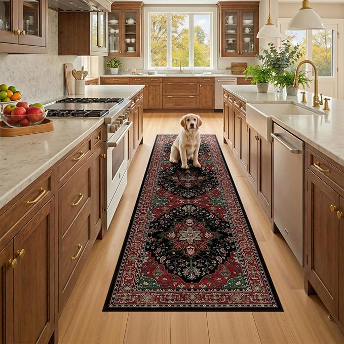 RELEANY Area Rugs 2'x8' Runner Rug Non Slip Washable for Kitchen Hallway Bedroom Beside Laundry Room Bathroom Rug, Floor Carpet, Red Black
