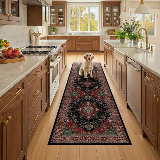 RELEANY Area Rugs 2'x8' Runner Rug Non Slip Washable for Kitchen Hallway Bedroom Beside Laundry Room Bathroom Rug, Floor Carpet, Red Black