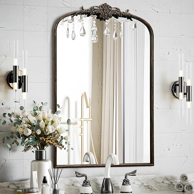 Besdomus Antique Large Arched Mirror: 24"x36" French Arch Black Vintage Wall Vanity Mirror - Traditional Ornate Home Decor for Entryway/Fireplace/Bathroom/Bedroom - Idea for Young Couples