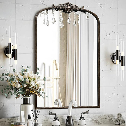 Besdomus Antique Large Arched Mirror: 24"x36" French Arch Black Vintage Wall Vanity Mirror - Traditional Ornate Home Decor for Entryway/Fireplace/Bathroom/Bedroom - Idea for Young Couples