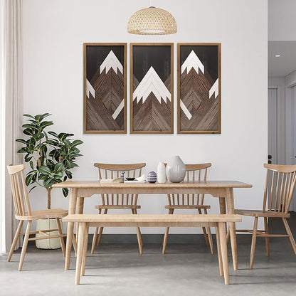 flangairy Set of 3 Mountain Wall Art Framed, 21×10 Inchs Wooden Brown White Abstract Forest Nature Wall Decor, Living Dining Room Bedroom Hallway Rustic Decorations for Home