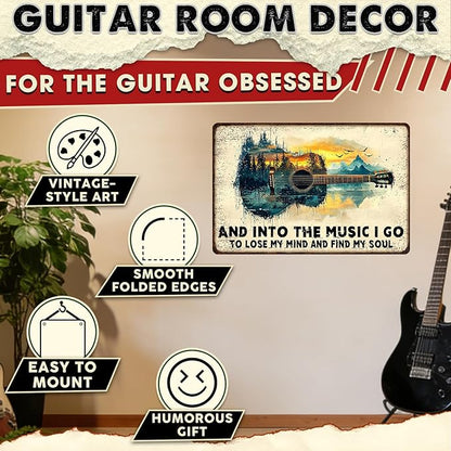 Guitar Metal Sign Vintage Wall Art And Into the Music Tin Sign for Man Cave Bar Garage Music Room Decor 8x12 Inch