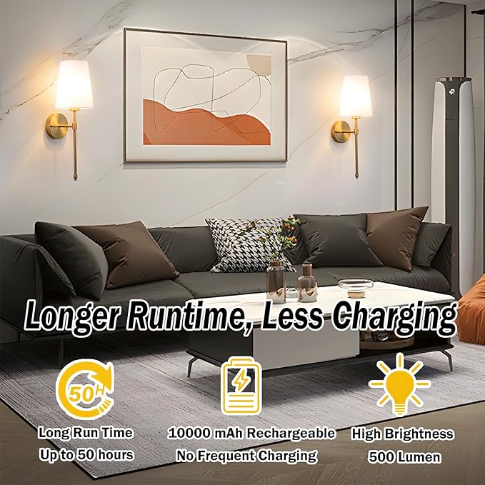 YHCDLAMP Battery Operated Wall Sconces Set of 2, Rechargeable Wireless Wall Lights with 10000mAh Magnetic Bulbs, Up to 50 Hours Runtime, Remote & RGB Dimmable, Brass for Bedroom Living Room Hallway