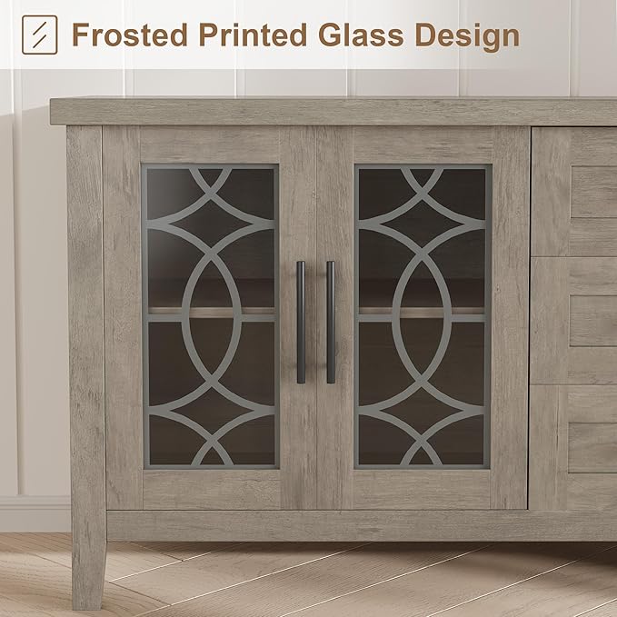 GarveeHome Farmhouse TV Stand with Glass Door for 70 Inch Tv, Mid Century Modern Entertainment Center for Living Room, Rustic Television Stands 2 Storage Door & 3 Drawer for Bedroom (Classic Gray)