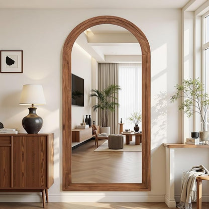 Antok Full Length Mirror with Solid Wood Frame, 81"×41" Wall Mounted Oversized Floor Mirror with Stand, Leaning Standing Hanging for Bedroom Living Room Entryway, Brown, Arched Syle