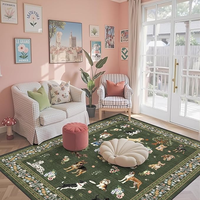 Floral Dog Machine Washable Rug Dark Green, 3x5 Rug Non Slip Soft Bedroom Rugs for Entryway Dorm, Ultra-Thin Rugs for Bedroom Stain Resistan(3 x 5, Dark Green)