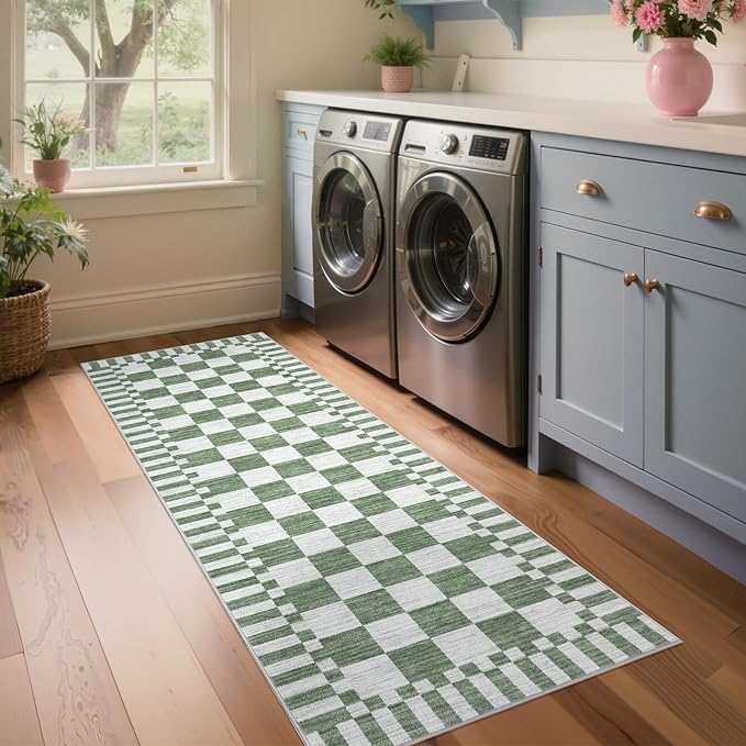 GarveeHome 2×12 Kitchen Runner Rug Non Slip,Sage Green Checkered Rug,Washable Runner Rug for Hallway Soft Low-Pile Geometric Checkerboard Rugs for Entryway Kitchen Dining Room