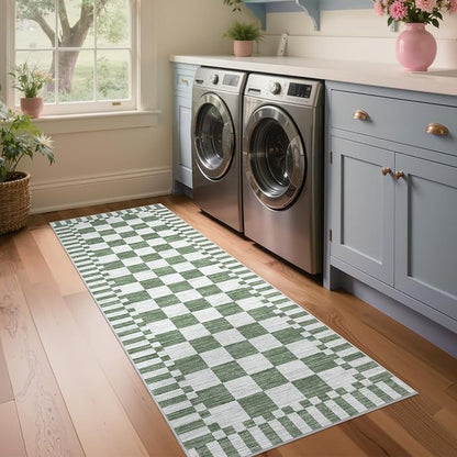 GarveeHome 2.5×8 Kitchen Runner Rug Non Slip,Sage Green Checkered Rug, Washable Runner Rug for Hallway Soft Low-Pile Geometric Modern Rugs for Entryway