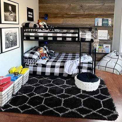 ONASAR Area Rugs for Bedroom Living Room, Fluffy 4x6 Black and White Rug, Geometric Shaggy Plush Bedside Indoor Floor Carpet for Nursery Kids Teens Girls Boys Dorm Home Office Decor
