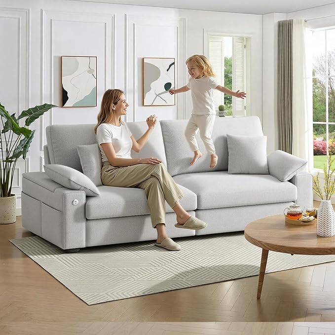 88.58" Modern Loveseat Couches for Living Room, Comfy Sofa with Deep Seat Couch, USB/Type-C Port, Side Storage, Removable Cover, Couches for Living Room Apartment, Light Grey