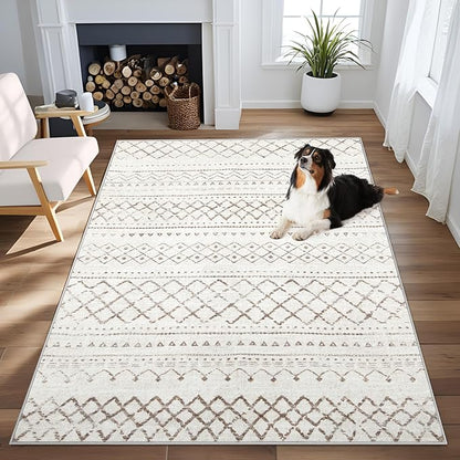 Area Rug 4x6 Geometric Rug: Washable Boho Moroccan Rugs Soft Farmhouse Rug, Modern Neutral Stain Resistant Indoor Floor Carpet for Livingroom Bedroom Dining Table Nursery(Brown,4X6)