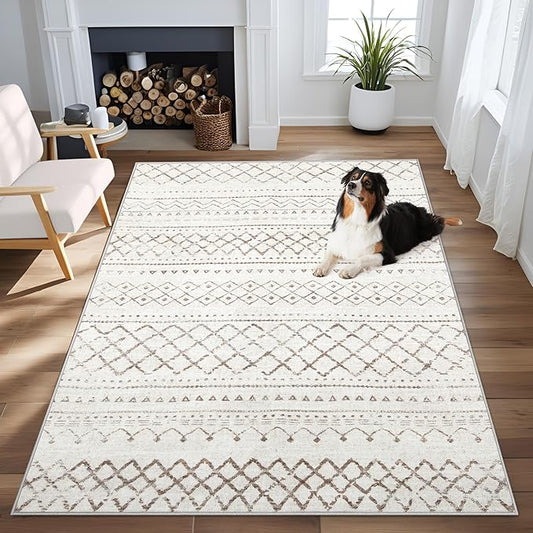 Area Rug 4x6 Geometric Rug: Washable Boho Moroccan Rugs Soft Farmhouse Rug, Modern Neutral Stain Resistant Indoor Floor Carpet for Livingroom Bedroom Dining Table Nursery(Brown,4X6)