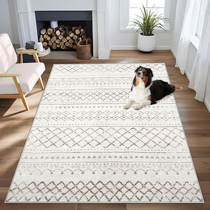 Area Rug 3x5 Geometric Rug: Washable Boho Moroccan Rugs Soft Farmhouse Rug, Modern Neutral Stain Resistant Indoor Floor Carpet for Livingroom Bedroom Dining Table Nursery(Brown,3X5)