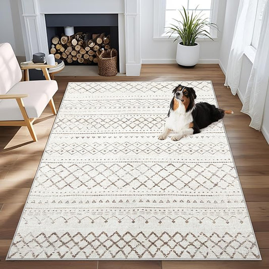 Area Rug 3x5 Geometric Rug: Washable Boho Moroccan Rugs Soft Farmhouse Rug, Modern Neutral Stain Resistant Indoor Floor Carpet for Livingroom Bedroom Dining Table Nursery(Brown,3X5)