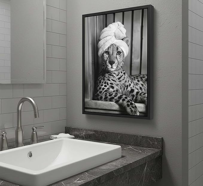 Framed Cheetah Bathroom Canvas Wall Art Trendy Black and White Leopard Painting Picture Wall Decor Poster Print Artwork for Bedroom Living Room Apartment Home Decoration