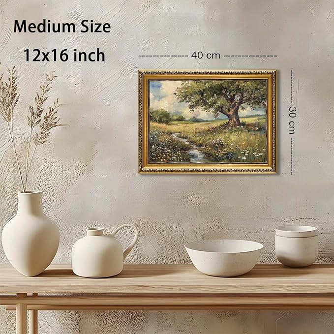 YD&YZY Gold Framed Vintage Wall Art Canvas Spring Country Landscape Wall Decor Wildflower Farmhouse Painting Rustic Nature Picture Cottagecore Print for Living Room Bedroom 12x16 inch Framed