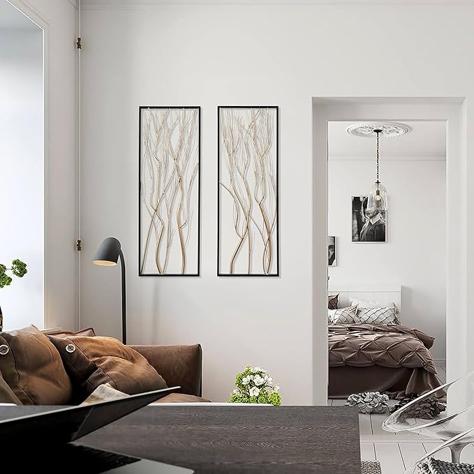 LuxenHome Metal Wall Decor, 36" Luxury Living Room Metal Wall Art, Set of 2 Gold Wall Decor, Bedroom Wall Decorations with Frame for Home, Bedroom, Kitchen, Office, Dining Room, Gold/Black